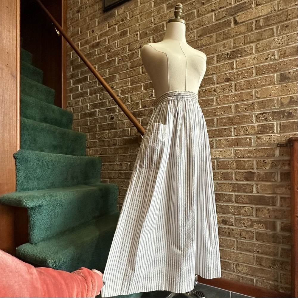 VTG 80s Retro Blue Beige Striped Crinkle Drawstring Midi Maxi Skirt